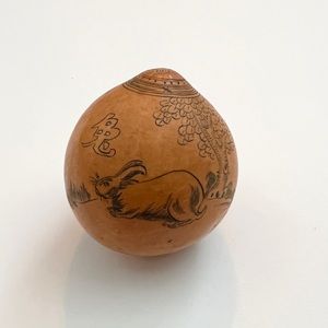Antique lanzou carved etched gourd Chinese Zodiac year of Rabbit Bunny folk art